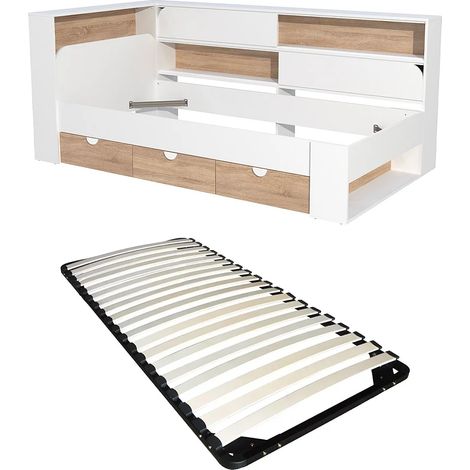 Letto 90 x 190 cm con vani contenitore - Colore: Bianco e naturale + Rete - TAMADU (1/5)