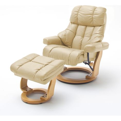Fauteuil relax rotatif en cuir crème et pied naturel - LUMOS (1/3)