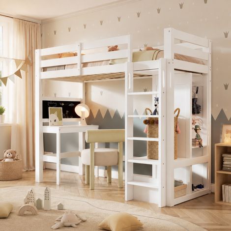 CHICFURN Cama alta infantil 90x200 cm blanca de madera con escritorio y armario, sin colchón (1/5)