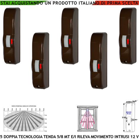 Evita Furto 5 Doppia Tecnologia a Tenda Marrone Infrarosso e Microonda Portata 5 MT Vano Finestra Interno Corridoio Scala Rileva Intrusi Ladri Invia Allarme Aliment. 12 V Assorb. 10 mA Cover ABS IP44 (1/4)