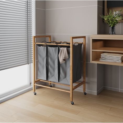 Cesto para ropa 3 compartimentos 90 L con ruedas de bambú gris oscuro HAVRYA (1/5)