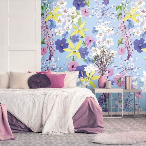 Fototapete Profhome 391961 heißgeprägte Vliestapete glatt mit Blumen-Muster matt violett flieder gelb rosa 1,59 m x 2,8 m