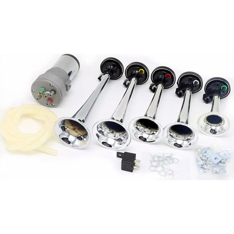 Car Horn Cor de Musique Dixie Argent Pompe à air klaxon de Voiture personnalité sonore multifréquence 12V Haut-parleurs de musique150DB Cinq Tubes klaxon à air Haut-Parleur avec compresseur (1/5)