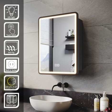 ELEGANT Bathroom LED Mirror with Shaver Socket Demister 3 Lighting Modes Bathroom Mirror Cabinet, 450x600mm Black (1/5)