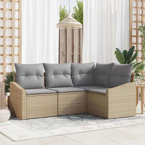 Gartensofa-set mit Kissen 4 pcs Beige und Hellgrau Poly-Rattan (1/5)