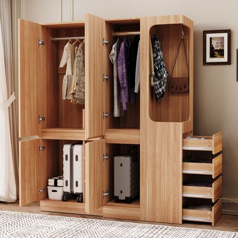 Armario con 4 cajones laterales almacenamiento modular espacio colgante madera 140x40x170cm color natural (1/5)