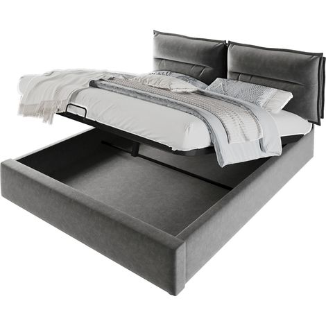 Lit coffre 140x200 cm avec tête de lit réglable, velours gris, grand espace de rangement et structure en bois et métal - CHICFURN (1/5)