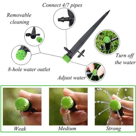 100 Stück Mikro-Tropfbewässerungssprinkler, 360°-Wasserfluss-Emitter mit 8 Löchern für 1/4"-Schläuche (4–7 mm), für Garten-Tropfbewässerungssysteme, Grün (1/4)