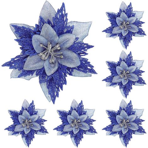 Lot de 6 décorations florales pailletées pour sapin de Noël, couronne de mariage, à faire soi-même-15CM-Blue (1/2)