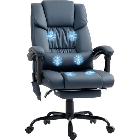 Fauteuil de bureau massant, repose-pied, hauteur réglable, dossier inclinable, télécommande filaire, 66x75x122cm, bleu (1/5)