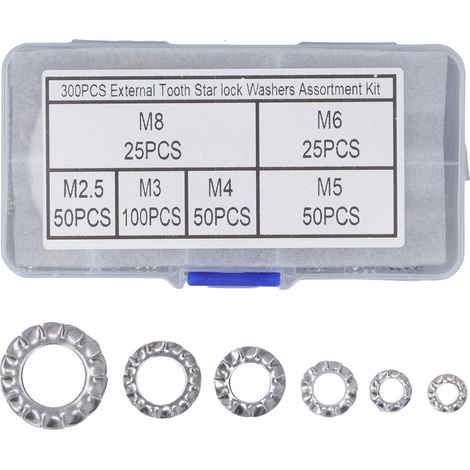 Ensemble de 300 rondelles de frein dentelées externes en acier inoxydable M2.5-M8, rondelles de blocage dentelées externes en acier inoxydable 304 et rondelles anti-desserrage. (1/5)