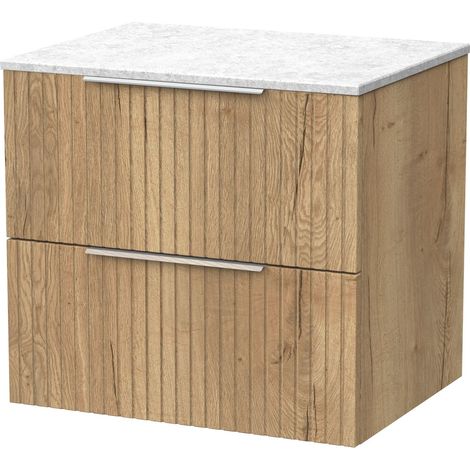 Callingwood Contemporary Wall Hung 2 Drawer Vanity Unit with White Marble Worktop , 600mm, Autumn Oak