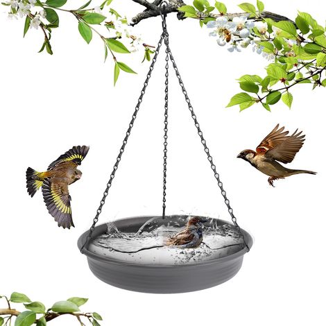 Comedero y bebedero para pájaros colgante con gancho y cadena metálica, cuenco redondo de plástico para jardín y uso exterior. (1/5)