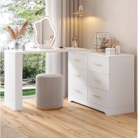 Toeletta girevole 110x40x129 cm, specchio LED 3 colori, 6 cassetti, design 2 in 1, pannello truciolare, bianco e oro (1/5)