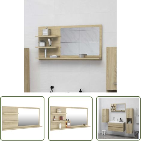 Miroir mural chêne sonoma 90x10,5x45 cm – 3 étagères – Matériaux aggloméré et acrylique – Assemblage requis – Nova (1/6)