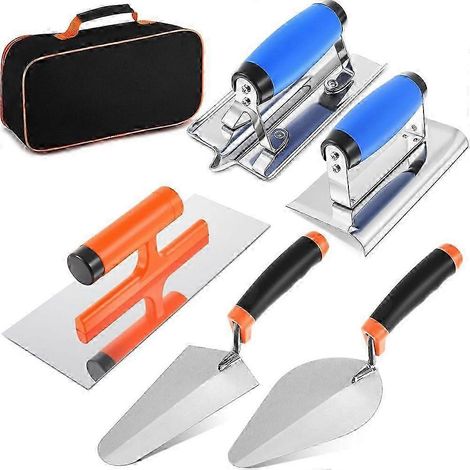 Ensemble de 6 outils à main pour béton : outil de maçonnerie comprenant une bordureuse, une rainureuse, une fraiseuse à jointoyer et un outil de finition. (1/4)