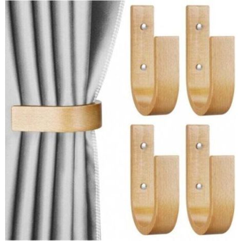 Lot de 4 embrasses de Rideaux en Bois en Forme de U - Fixation Murale pour Rideaux (Wood, 4) (1/4)