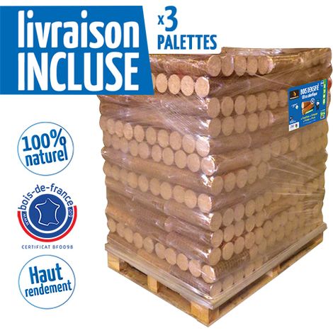 Woodstock – Lot de 3 palettes de 104 packs de bûches densifiées 9,65 kg – 3 009 kg – Haute performance énergétique – Stockage facile et propre (1/4)