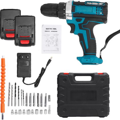 21V Impact Driver Kit Cordless Drill 3in1 Power Tools 35N.m Max. Torque 1280RPM Stepless Speed Control Support Φ10mm Drilling with 2 Batteries LED Work Light Handheld Electric Screwdriver 100-240V EU 
