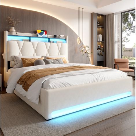 Cama tapizada con almacenaje 140x200 cm, cabecero con estante y LED, USB y Type-C, terciopelo beige (1/5)