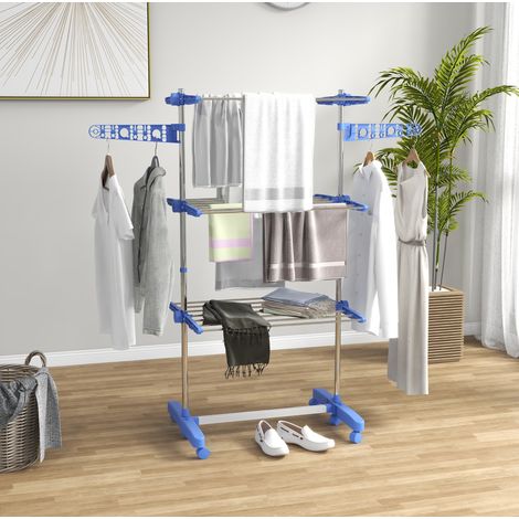 Étendoir à linge 142x55x152 cm pliable 3 niveaux roulettes cadre acier bleu (1/5)