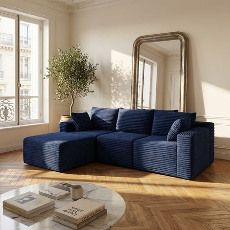 Canapé d’angle bleu nuit Full Mousse – Ultra Confort en Tissu Côtelé – 250 x 160 cm – Design Moderne et Cosy