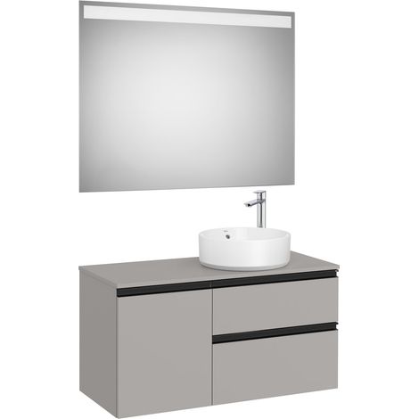 Pack meuble "The gap" 1000 pour vasque à droite - 2 tiroirs + 1 porte + plan + miroir LED - gris moyen mat/poignées noires - Roca (1/2)