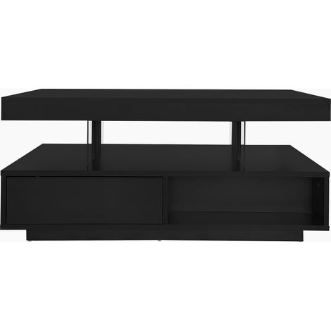 Table basse noire laquée 95x50x42,5 cm avec 4 plateaux en verre, 2 tiroirs et 2 niches ouvertes (1/5)