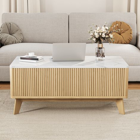 JOOKGBD–Table basse relevable 105x53x42 cm,plateau relevable,espace de travail,compartiment de rangement caché,style scandinave,bois massif,chêne naturel,pour salon,bureau,appartement