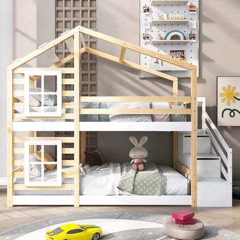 Etagenbett für Kinder 90x200 cm, mit Treppe, 2 Schubladen, lattenrost aus holz, Sicherheitszaun - Braun (1/5)
