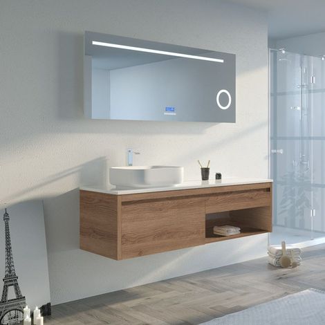 Distribain – Meuble de salle de bain simple vasque 160cm – Miroir Bluetooth rétro-éclairé – Vasque céramique blanche – Système Push open (1/5)