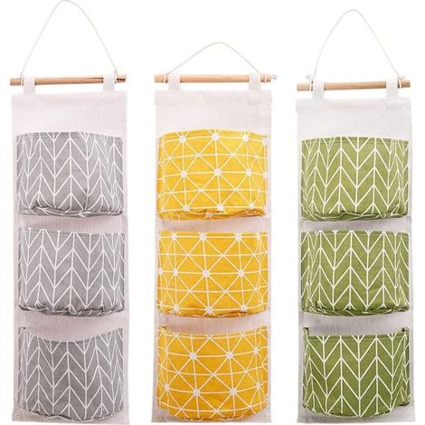 Sac de Rangement Suspendu ,3 Pièces Tissu De Lin Imperméable Organisateur Sacs Rangement Coton Lin avec 3 Poches pour Chambre Salle (1/5)