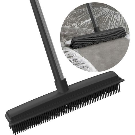 2-in-1 Gummibesen mit integriertem Abzieher – Verstellbarer Stiel bis zu 156 cm – Weiche Bürste für Tierhaare (Katze, Hund) – Bürste für Teppiche, Böden, Küche und Außenbereich (Schwarz) (1/5)