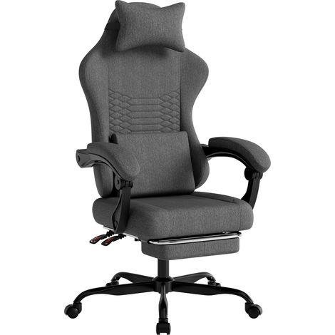 Chaise de bureau gaming ergonomique avec appui-tête, repose-pieds rétractable et roulettes silencieuses (gris foncé) (1/5)