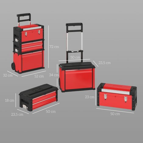 Chariot d'atelier avec caisse à outils vide, 3 modules amovibles, meuble roulant pour rangement d'outils, coffre métallique avec poignée, acier rouge (1/5)
