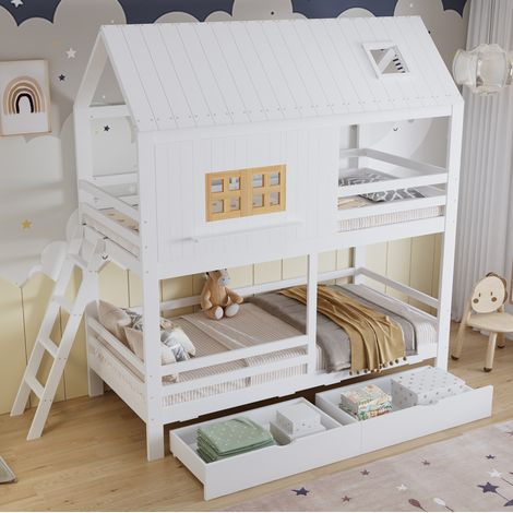 Etagenbett 90/200 cm Weiß/Natur aus Kiefer und MDF mit Dach, Fenstern und 2 Schubladen (1/5)