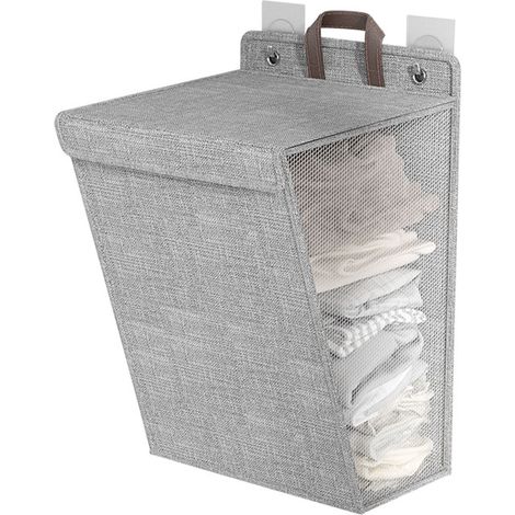 Panier à linge suspendu pliable en lin gris taille M pour vêtements sales chaussures chaussettes serviettes rangement mural gain de place (1/5)