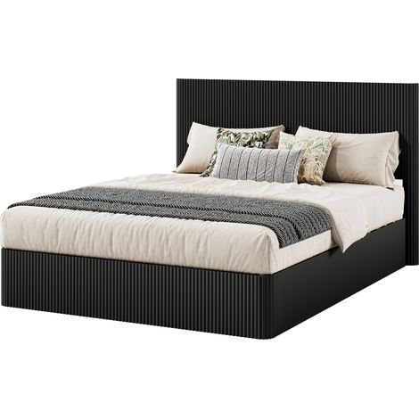Lit coffre 160x200 noir avec système de levage hydraulique, grand espace de rangement, tête de lit à rainures, structure métal et finition facile à entretenir CHICFURN (1/5)