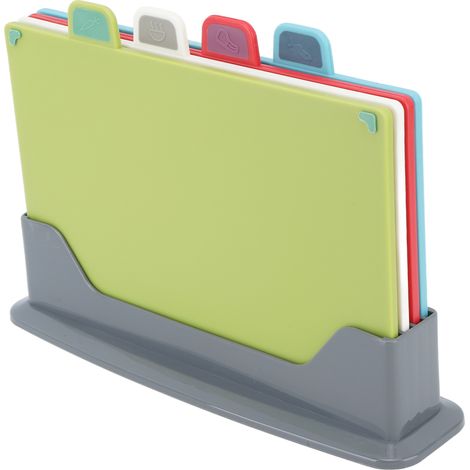 Ensemble de 4 planches à découper en plastique avec support de rangement. Planches à découper antidérapantes disponibles en 4 couleurs pour différents types d'aliments. (1/5)