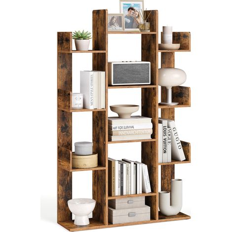 Bibliothèque Arbre, Étagère à 13 Compartiments, Meuble de Rangement, 86 x 25 x 140 cm, avec Coins Arrondis et Rebords, Marron Rustique (1/5)
