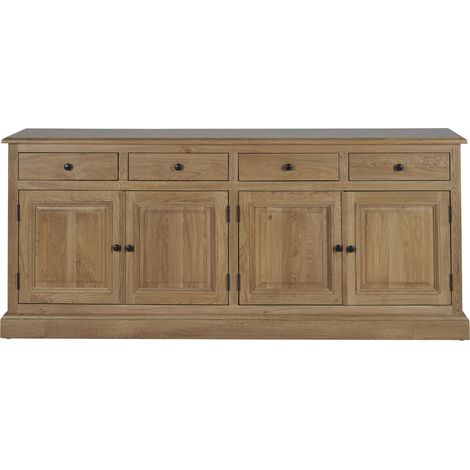 Hellin – Buffet bas 4 portes 4 tiroirs en chêne massif – Dimensions L 94 x P 36 x H 49 cm – Finition patinée pour un style romantique (1/6)