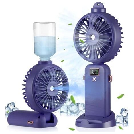 Tragbarer, wiederaufladbarer Nebel-Ventilator, 5 Geschwindigkeiten, um 90° faltbar, ideal für Camping, Zuhause und Büro, violett