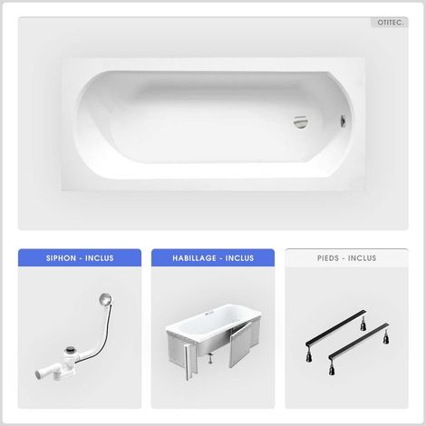 Baignoire rectangulaire - 160 x 75 cm - avec Habillage - Pieds - Vidage Chrome - INTRICA