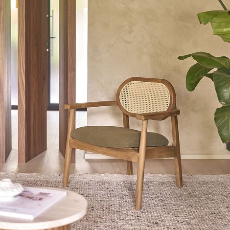 Fauteuil en teck massif, cannage et tissu velours côtelé kaki (1/5)