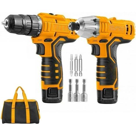 TRADE SHOP - Set Trapano Avvitatore + Avvitatore Ad Impulsi 2 Batterie 12v Borsa E Accessori -