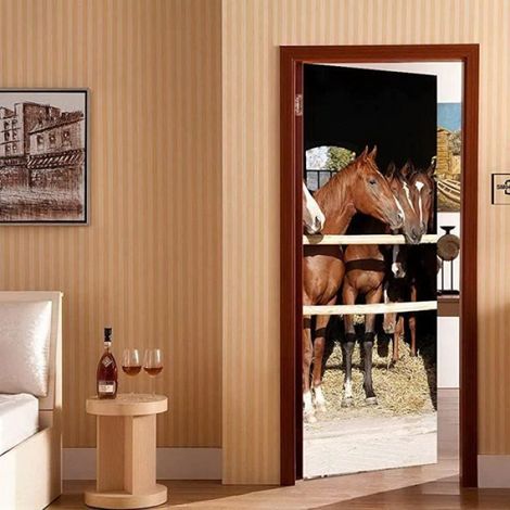 Sticker Porte Autocollant Poster De Porte 3D Chevaux Regardant par Dessus Porte De Grange dans Un Thème Animal Papier Peint (1/4)