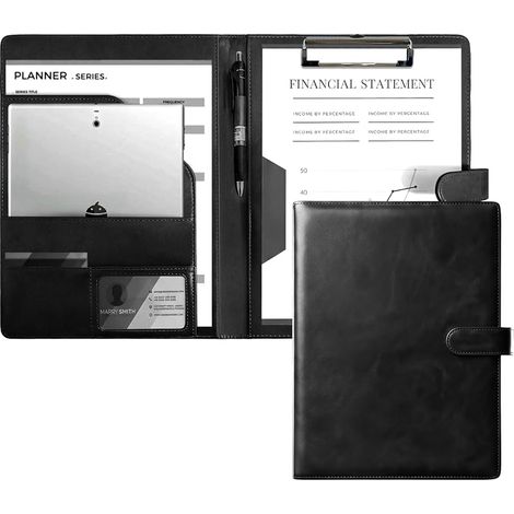 Magnetisches, faltbares A4-Klemmbrett aus Kunstleder mit Deckel, Stifthalter und Dokumentenfächern für Büro, Schule, Zuhause, Pflege und Konferenzen – Schwarz (1/5)