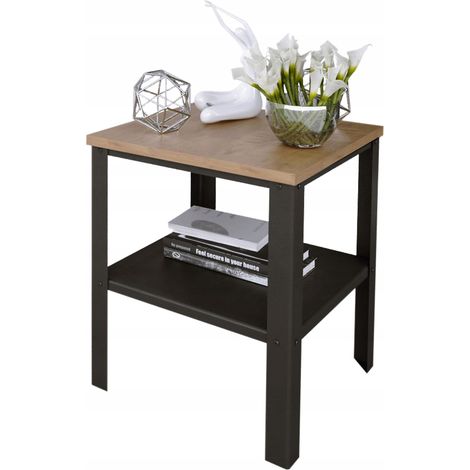 Table basse vissée avec étagère, style loft industriel, 40x40x45 cm, noir et chêne, Lancelot (1/5)