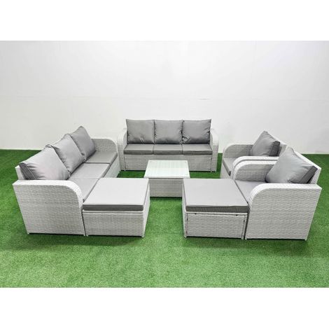 Fimous PE Rattan High Back Lounge Sofa Set Patio Square Coffee Table & Chairs Set with 3 Seater Sofa Reclining Chair 2 Big Footstool Light Grey (1/4)