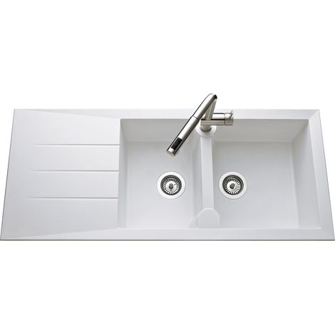 Évier 2 bacs réversible à encastrer avec égouttoir – Résistant à 220°C – Non poreux et recyclable – Dimensions 1160x500 mm – Blanc – Anconetti